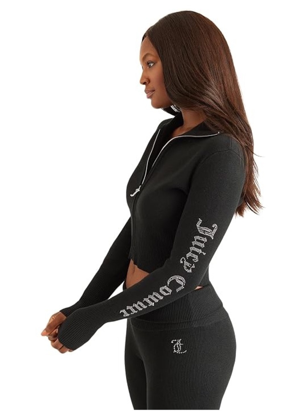 NWOT Juicy Couture Knit Cropped Black Zip-Front Jacket with Rhinestone Logo
